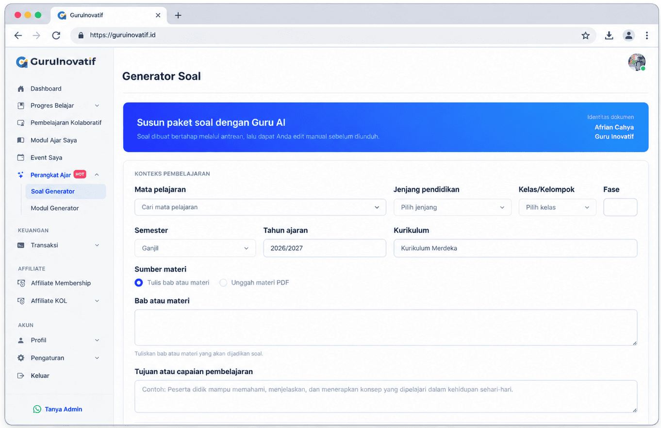 Form konteks pembelajaran Generator Soal